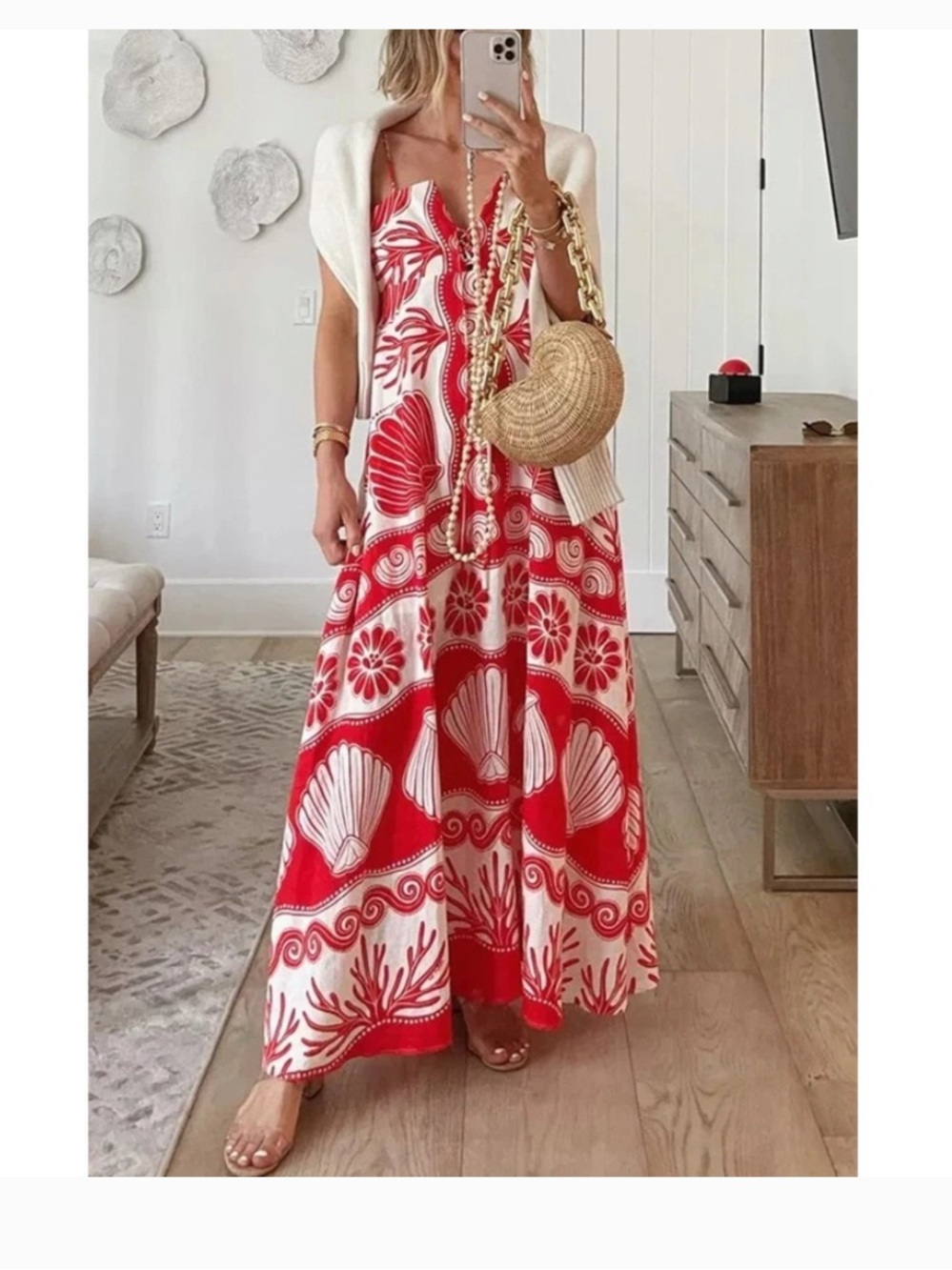 Red and White Shell-Print Maxi Dress - Sleeveless Spaghetti Strap - Picture 2 of 9